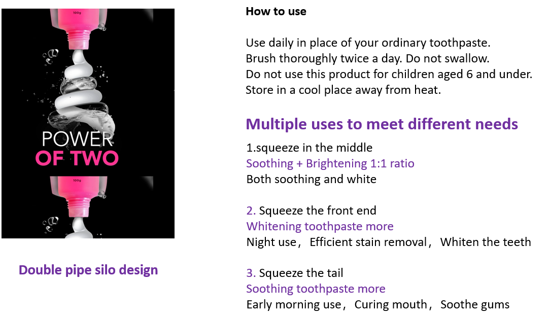 Creme dental de duplo efeito em tubo duplo Double tube dual effect toothpaste